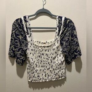 Free People Navy & Cream Mixed Pattern Top